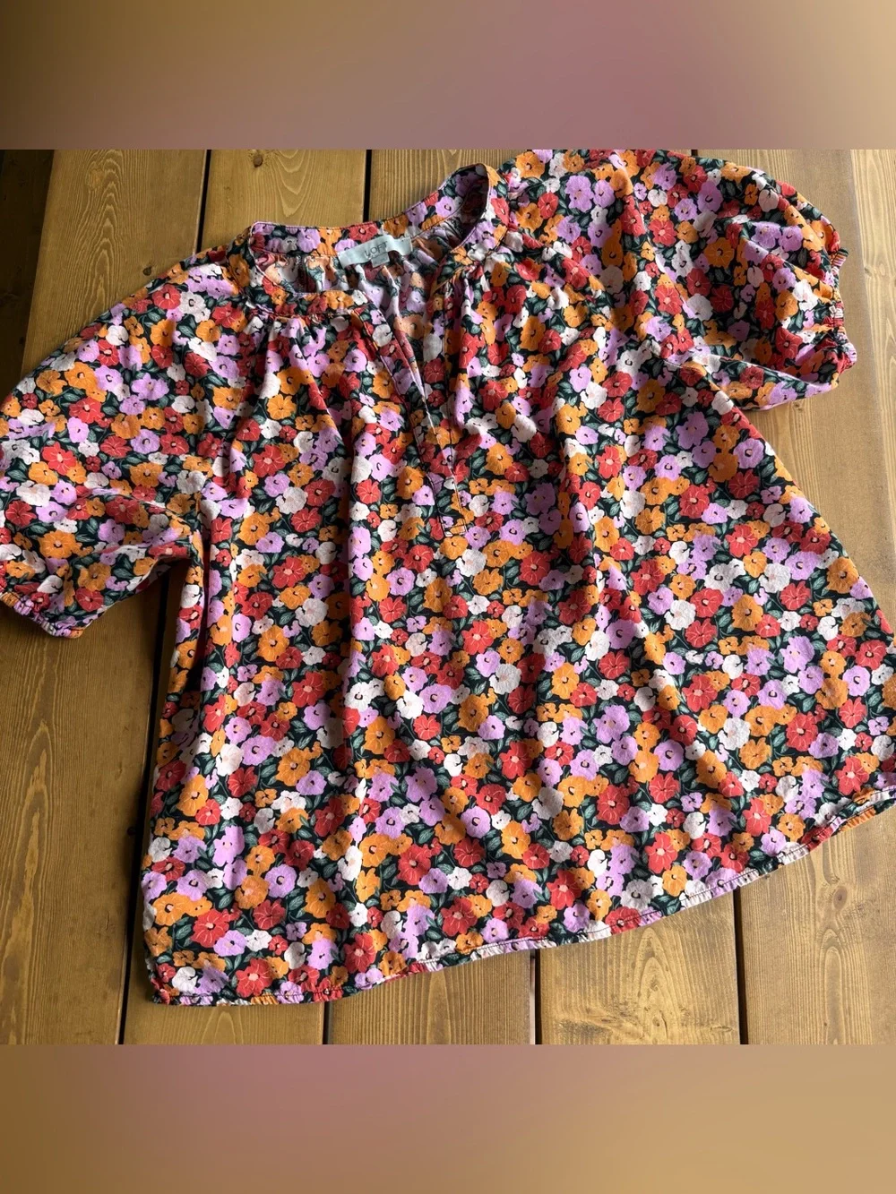 LOFT Floral Puff Sleeve Top Multicolor Cotton Blend XL
